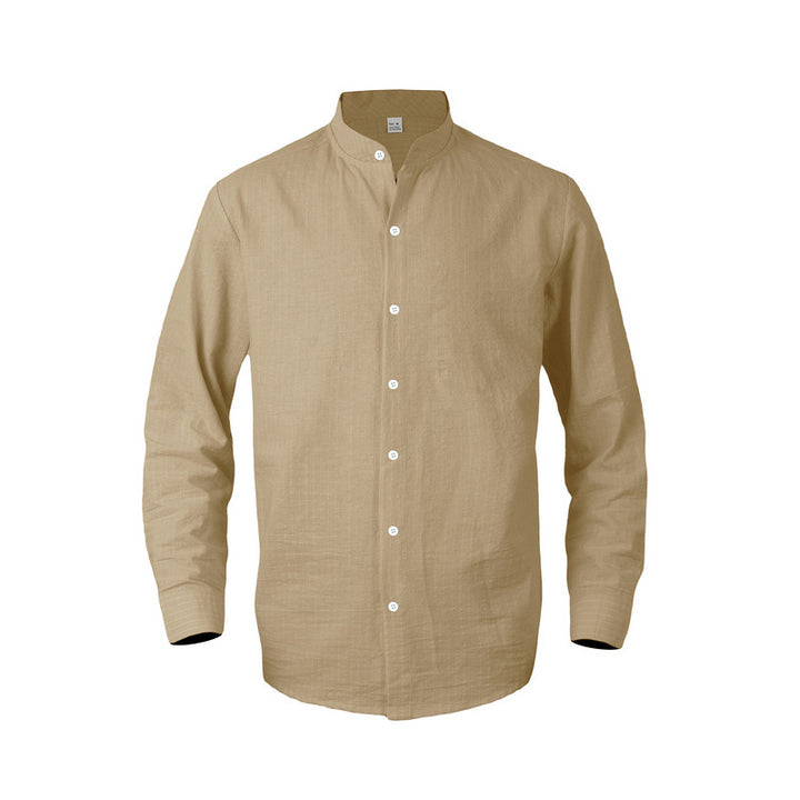 Men's striped stand-up collar shirt made of linen-cotton blend with button placket Mune Fashion