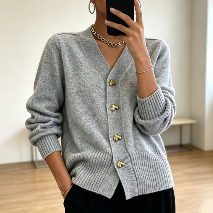 Women Oversize V-Neck Knit Cardigan with Heart-Shaped Decorative Buttons Mune Fashion
