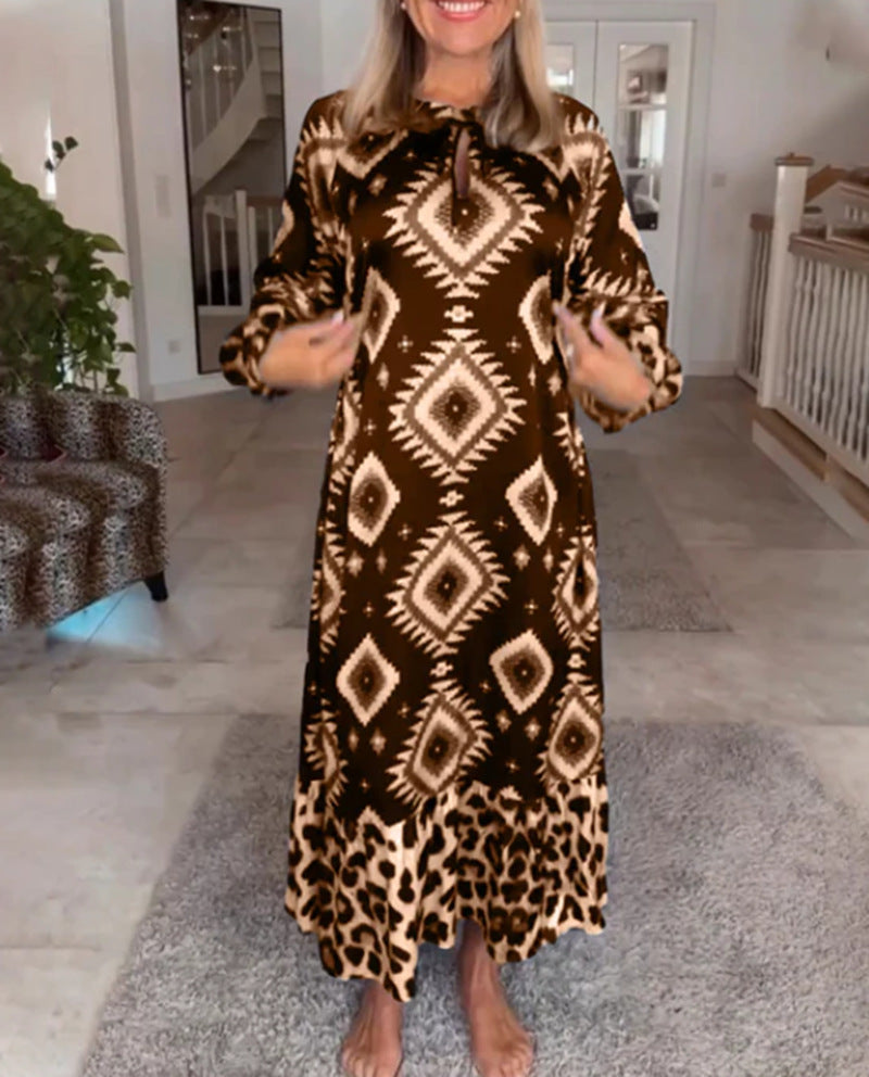 Women's flowing maxi dress with ethnic diamond print, keyhole neckline and contrast ruffle Mune Fashion