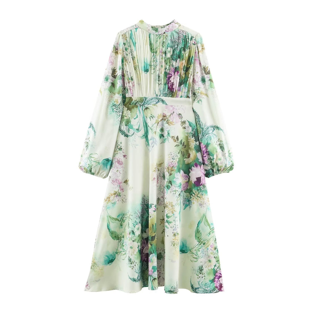 Women’s midi dress with pleated bodice, bell sleeves, and floral A-line skirt