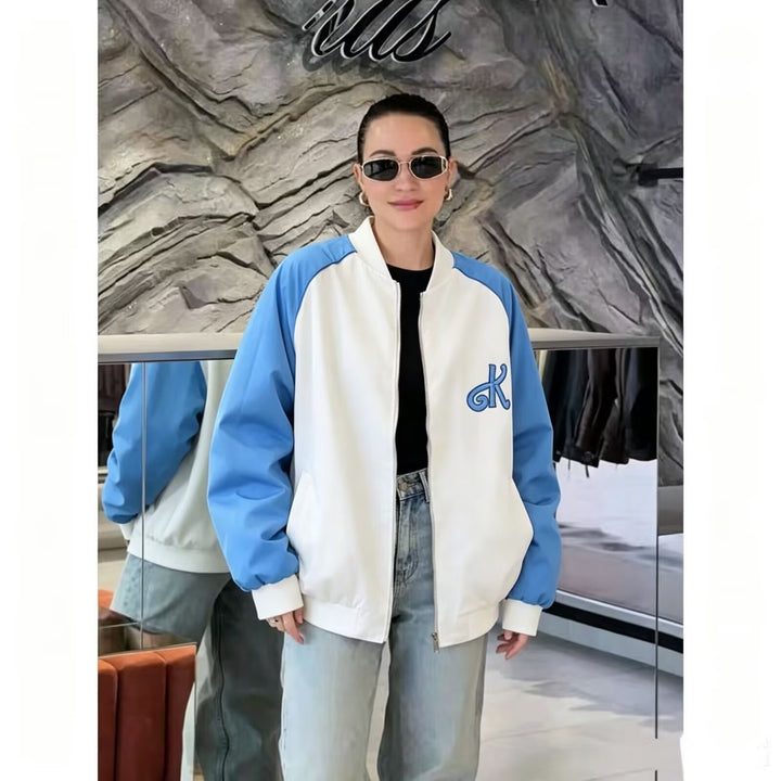 Ladies College Bomber Jacket with Contrast Sleeves and Embroidered Monogram Mune Fashion