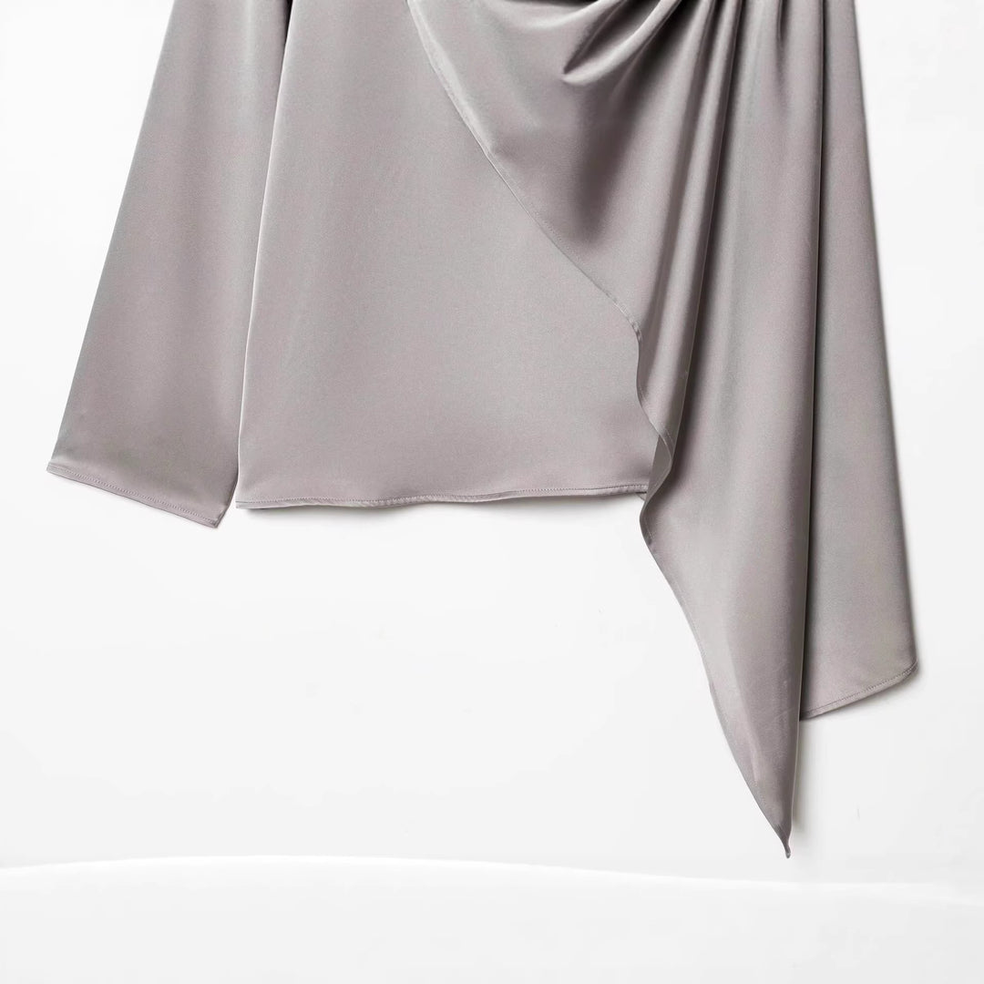 Women Asymmetric Draped Satin Blouse with Waterfall Collar Mune Fashion