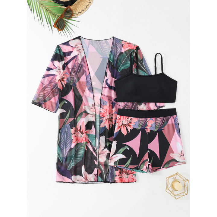 Women's Swimwear Set with Floral Pattern Print and Airy Wrap Jacket Mune Fashion