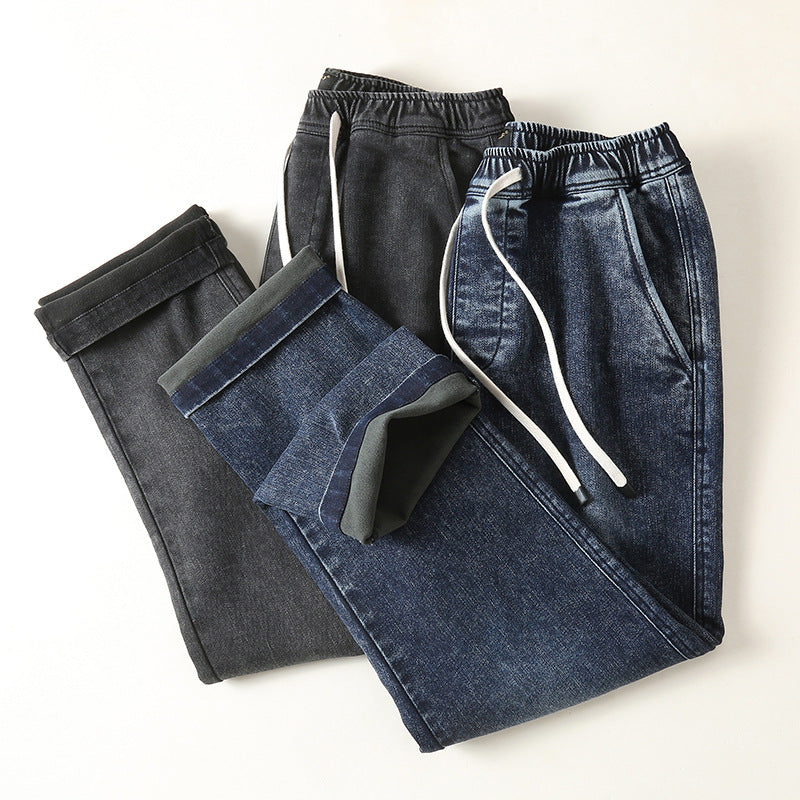 Men's denim joggers with elastic waistband, drawstring, and rolled hem Mune Fashion
