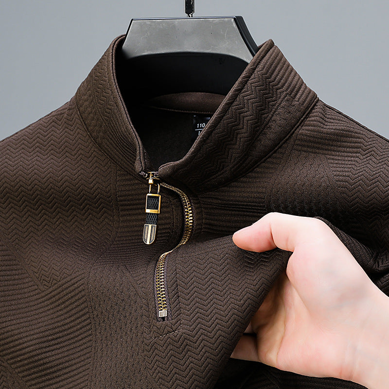 Men's Structured Pullover with Half Zipper High Stand Collar and Geometric Relief Structure Mune Fashion