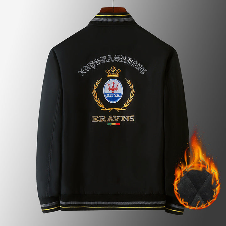 Men's stick detail bomber jacket in retro crest style with emblem embroidery and zipper arm pocket Mune Fashion