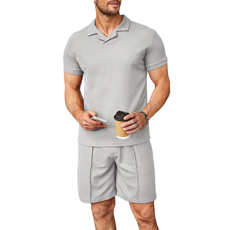Men's two-piece leisure set made of structured cotton blend with polo shirt and straight comfort shorts Mune Fashion