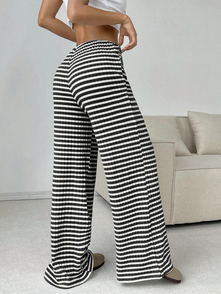 Women's loungewear pants with wide leg, ribbed fine knit and drawstring Mune Fashion