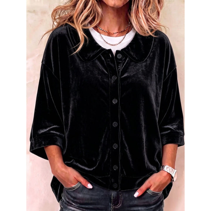 Women's Velvet Button-Down Blouse with Rounded Collar Mune Fashion