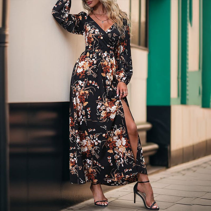 Women’s maxi dress with wrap effect, V-neck, waist gathering & side leg slit Mune Fashion