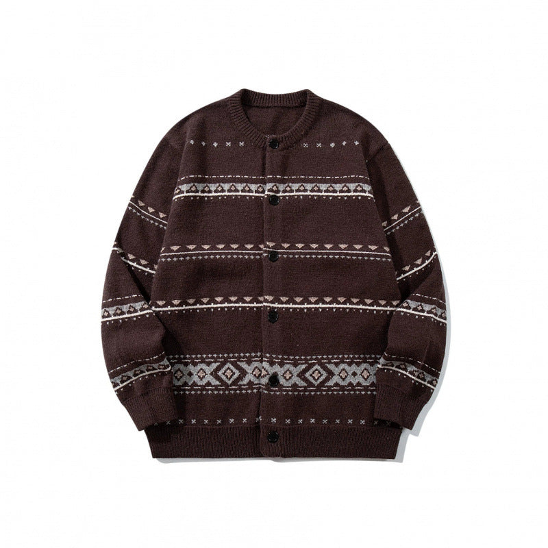 Unisex jacquard knit cardigan in boxy cut with round neck and button placket Mune Fashion