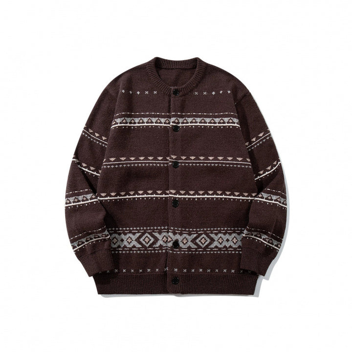 Unisex jacquard knit cardigan in boxy cut with round neck and button placket Mune Fashion
