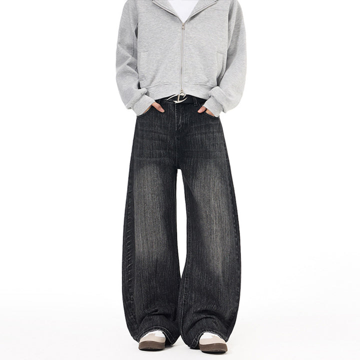 Men's Wide Vintage-inspired Denim Palazzo Pants with Extended Hem and Soft Bleach Effects Mune Fashion