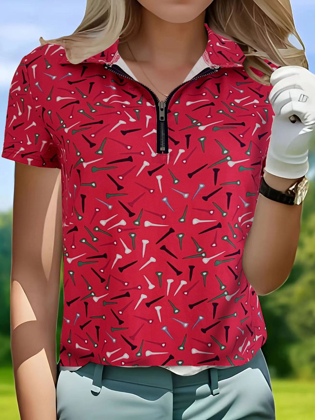 Ladies golf shirt with modern pattern and functional zipper Mune Fashion
