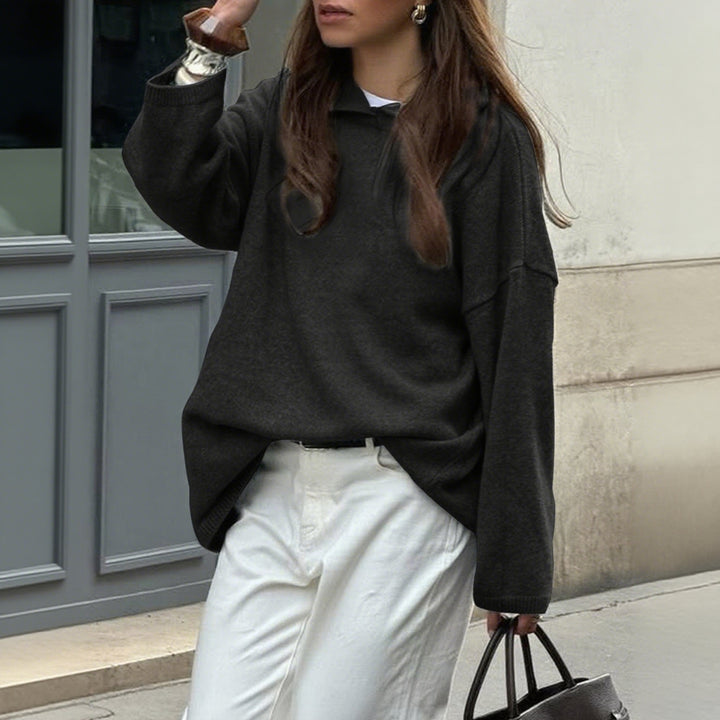 Women's Oversize Polo Fine Knit Sweater with Folded Collar and Raglan Sleeves Mune Fashion