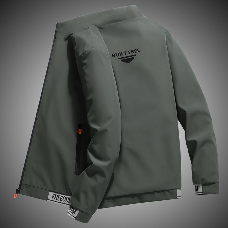 Men's lightweight windproof leisure jacket with logo print, zip pockets, and elastic hem Mune Fashion