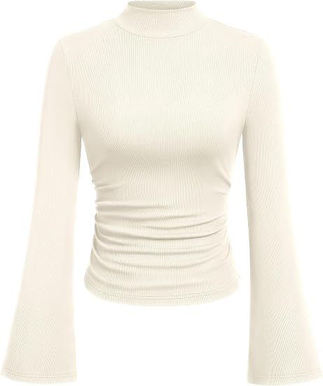 Women's Ribbed Long Sleeve Top with Stand-Up Collar, Trumpet Sleeves, and Fitted Cut Mune Fashion