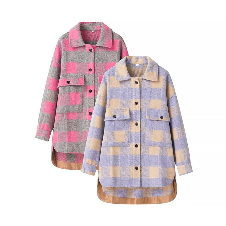 Women's oversized checked shirt jacket in shacket style with patch pockets and elongated round hem Mune Fashion