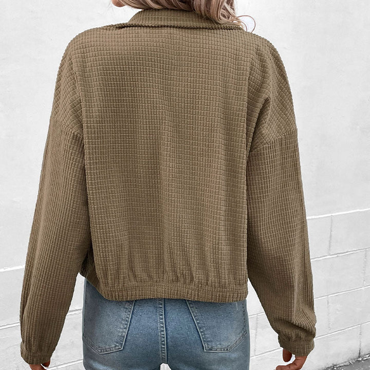 Women's Short-Cut Waffle Structure Transition Jacket with Zipper, Stand Collar and Elastic Cuffs Mune Fashion