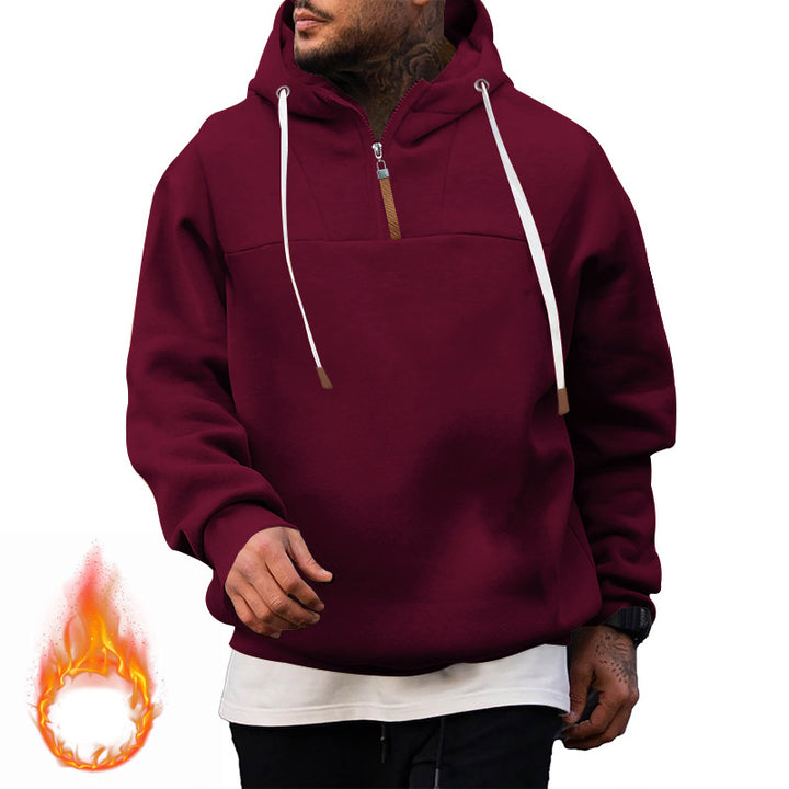 Men's Fleece Half-Zip Hoodie with Hood, Drawstring, and Elastic Cuffs Mune Fashion