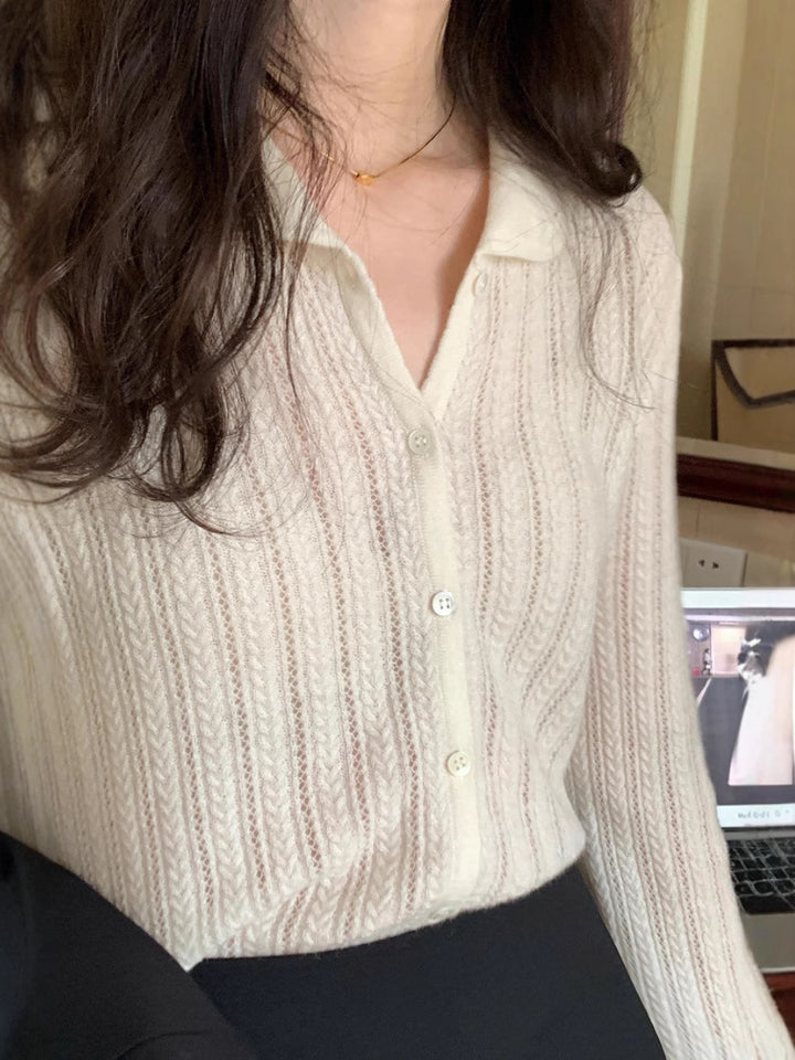 Women's Lightweight Openwork Knit Cardigan with Shirt Collar and Fine Cable Knit Texture Mune Fashion