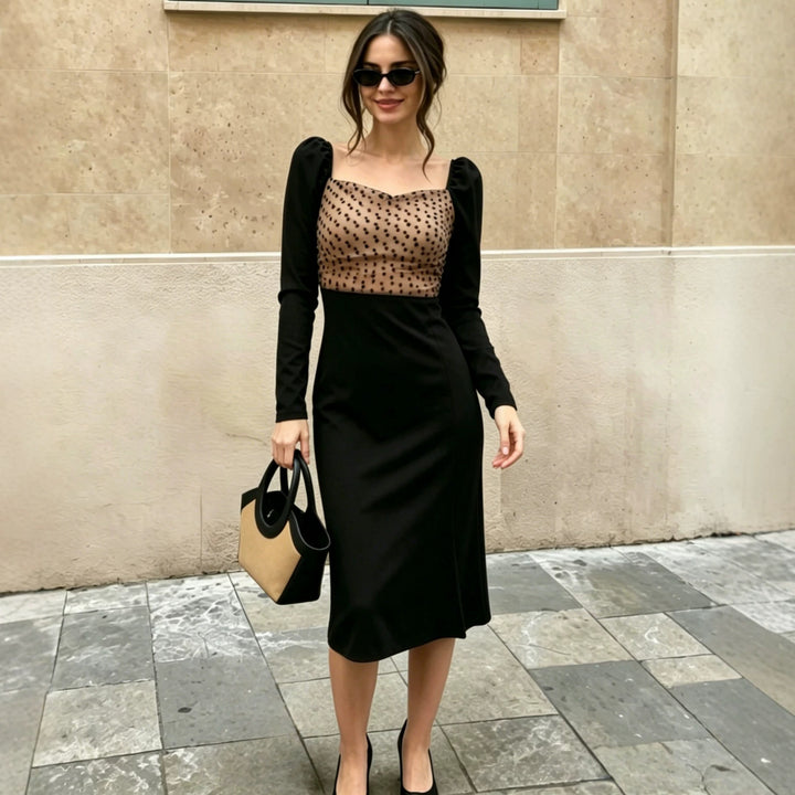 Women Fitted Midi Dress with Puff Sleeves and Transparent Dot Organza Back Mune Fashion