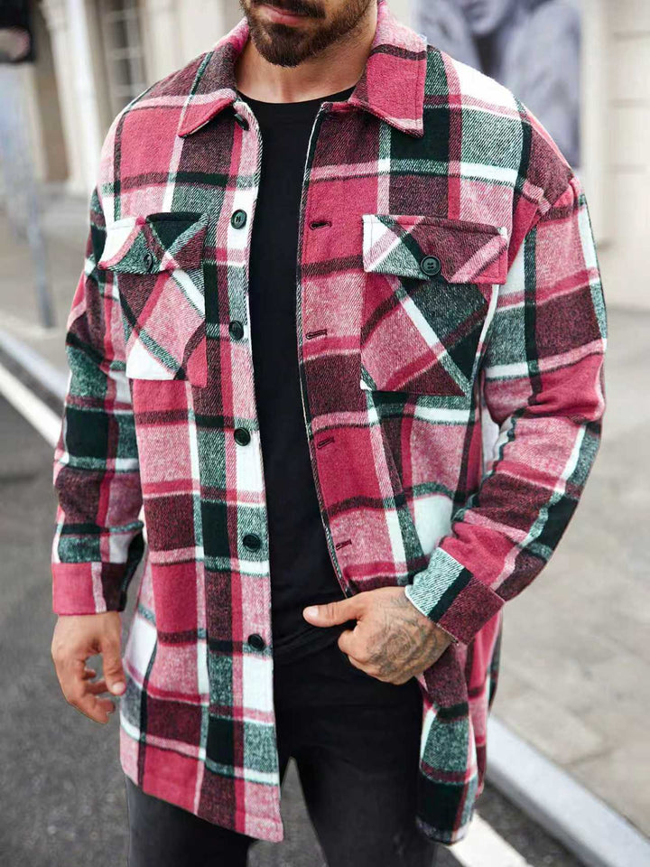 Men's checked longline overshirt with patch chest pockets and button placket Mune Fashion