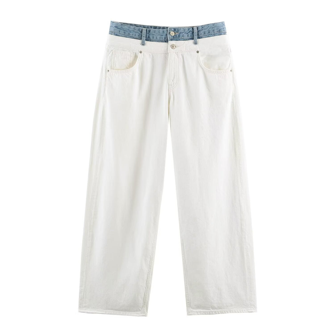 Women's Wide High-Waist Jeans with Contrast Waistband and Five-Pocket Design Drune