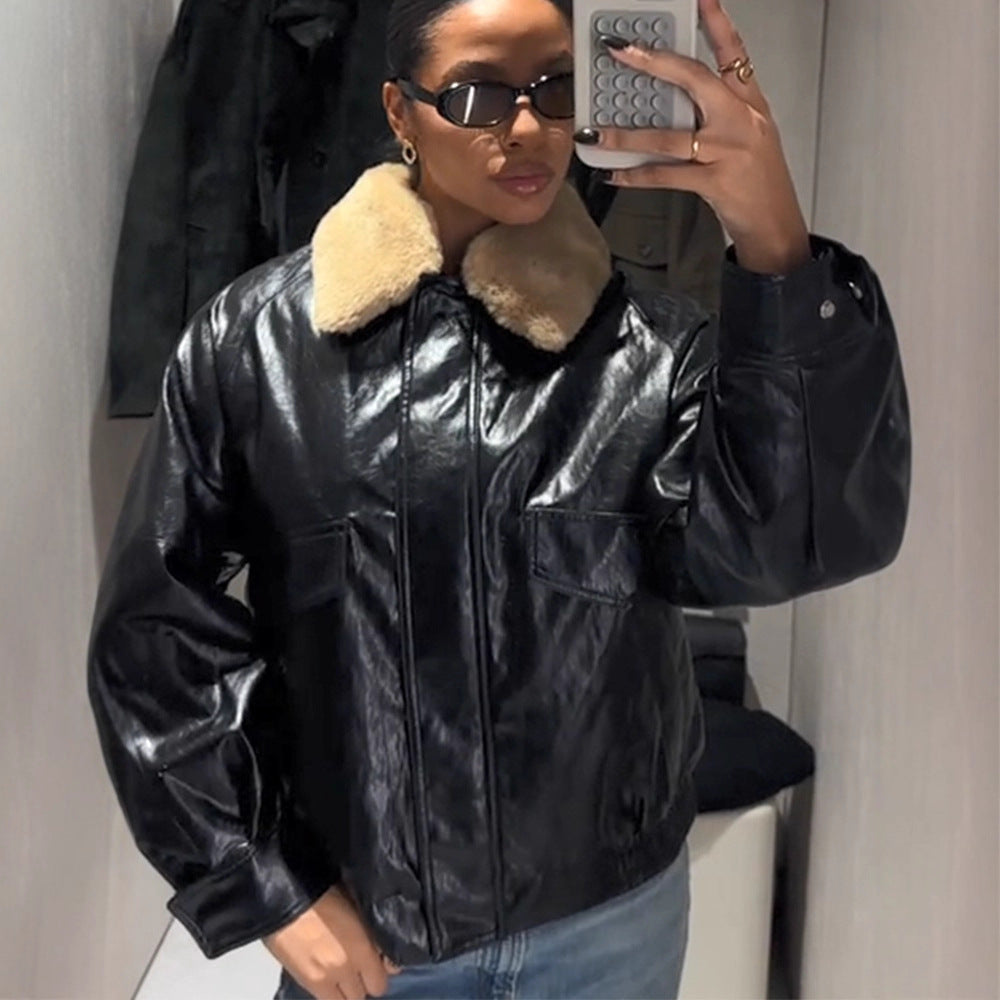 Women's Shiny Oversized Faux Leather Bomber Jacket with Voluminous Faux Fur Collar Mune Fashion