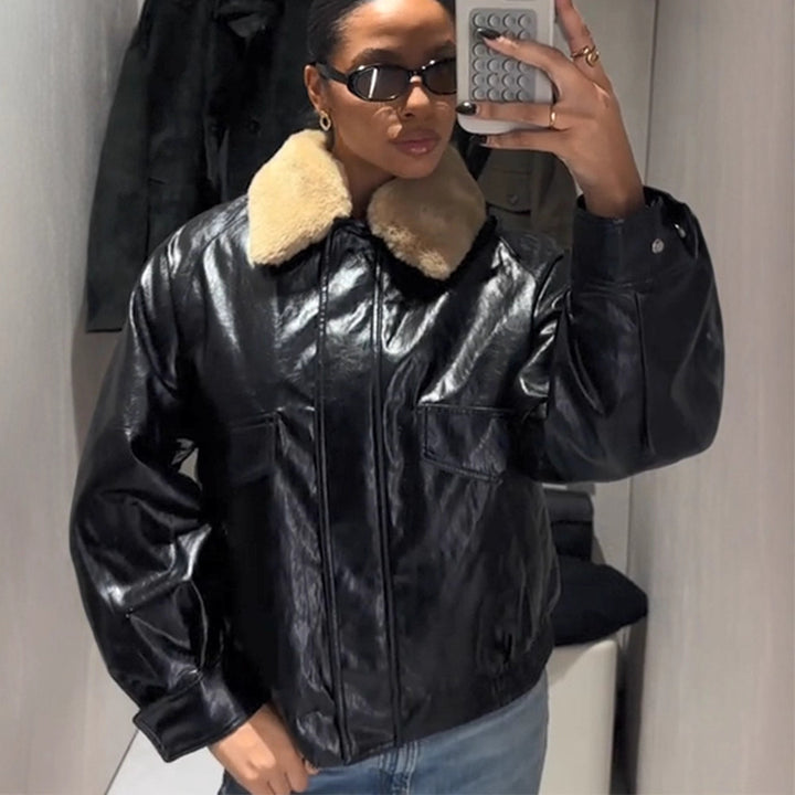 Women's Shiny Oversized Faux Leather Bomber Jacket with Voluminous Faux Fur Collar Mune Fashion