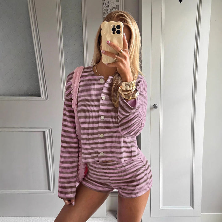 Women's striped fine knit loungewear set with button placket and high waist shorts Mune Fashion