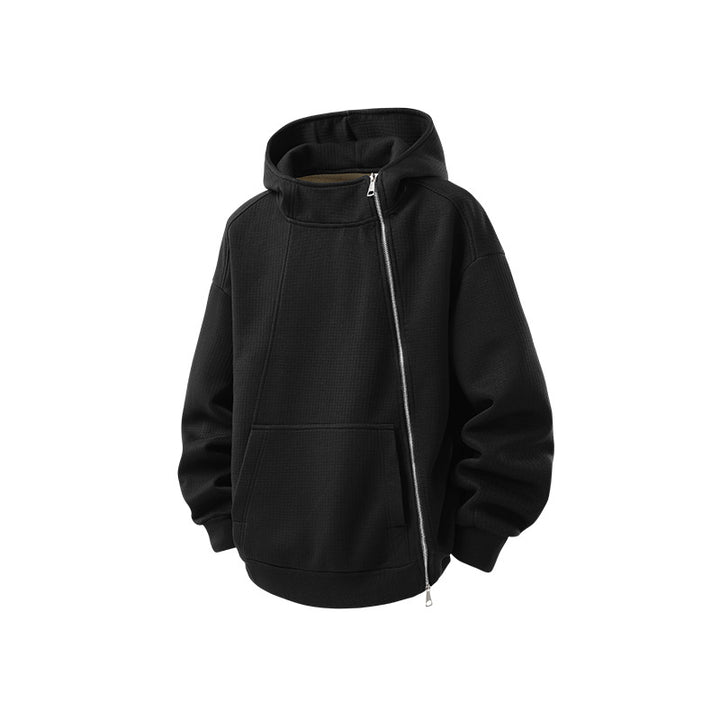Unisex Asymmetric Hoodie with High Collar, Diagonal Zipper and Kangaroo Pocket Drune