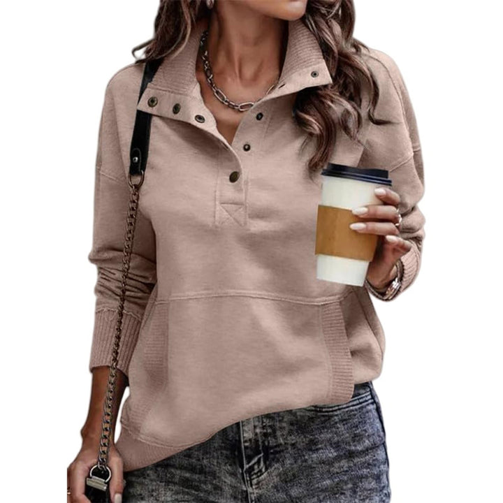 Women's sweat pullover with stand-up collar button placket and kangaroo pocket Mune Fashion