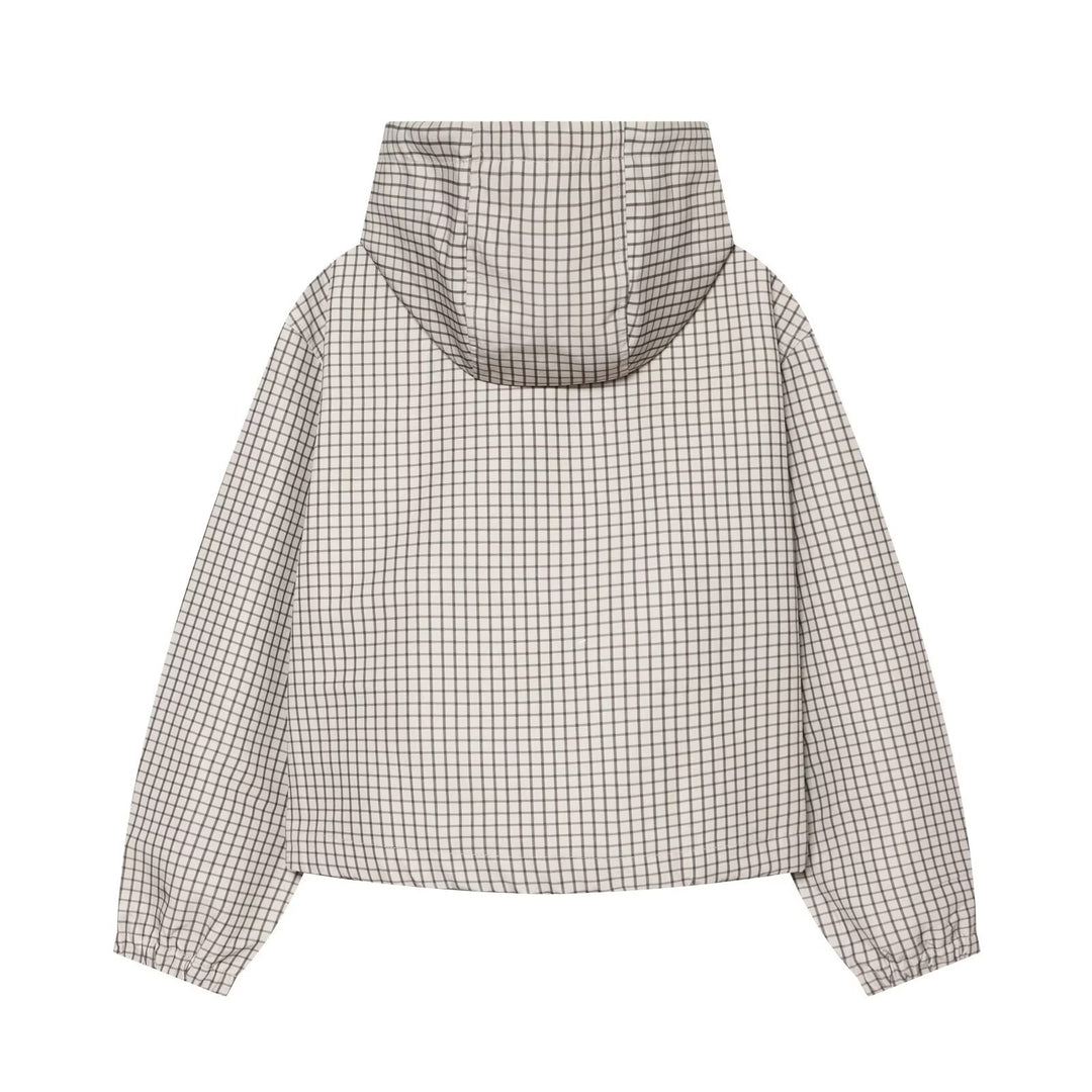 Women's Checkered Cropped Windbreaker with Hood, Drawstring and Zipper Drune