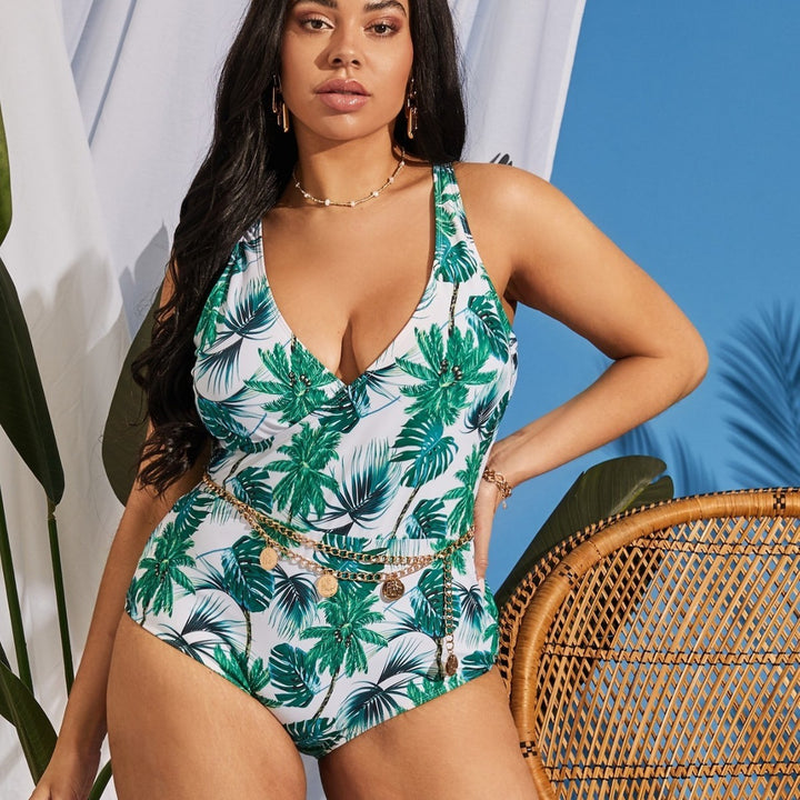 Women's One-Piece Swimsuit with Stylish Palm Print and Seductive V-Neck Mune Fashion