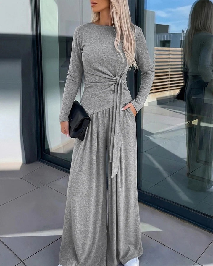 Women Elegant Wrap Top with Wide Pants Mune Fashion