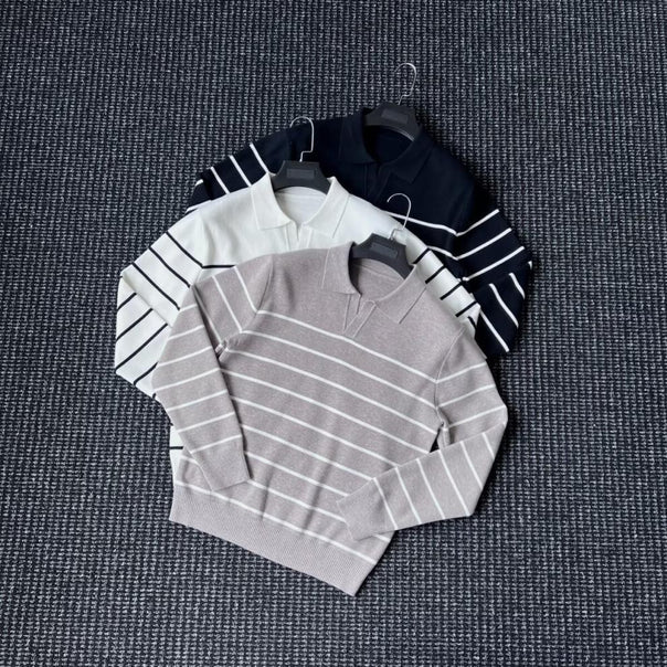 Men's Fashionable Knit Sweater with V-Neck and Stripes Mune Fashion