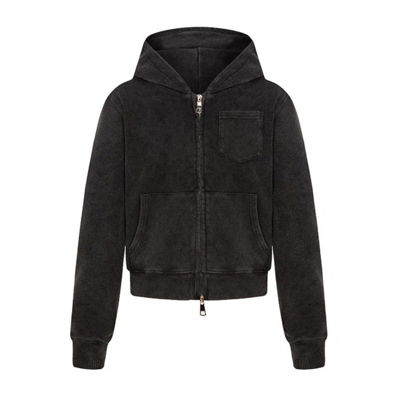 Ladies short-cut hooded zip jacket made of garment-dyed cotton fleece with chest pocket Mune Fashion