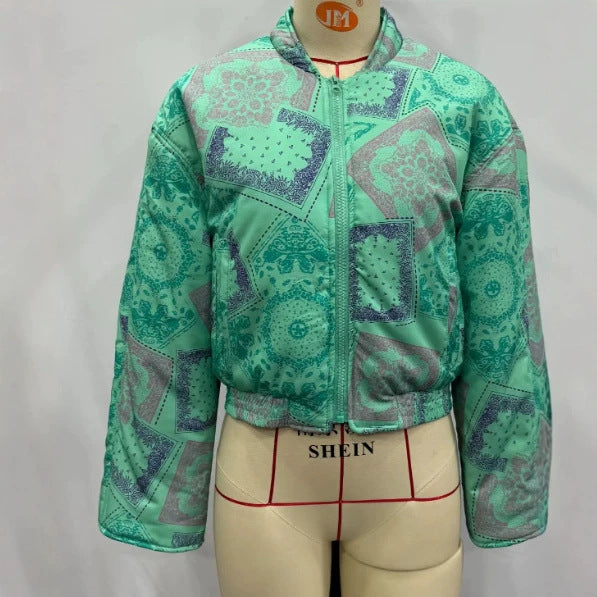 Women's Cropped Bomber Jacket with Bandana Print and Quilted Look Mune Fashion
