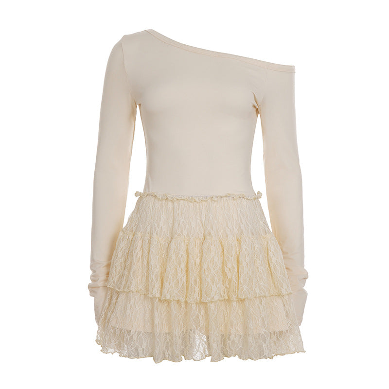 Ladies' asymmetrical one-shoulder mini dress with fitted stretch top and layered lace flounce skirt Mune Fashion