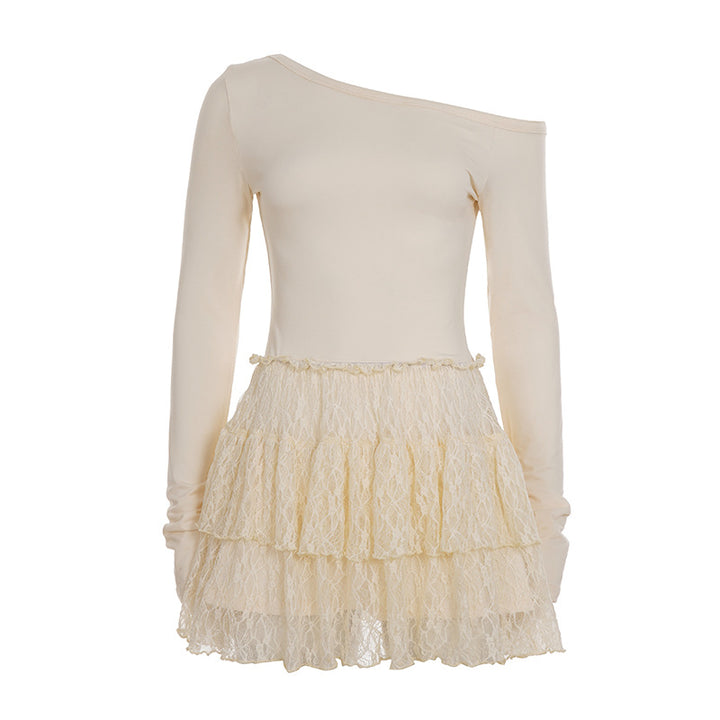 Ladies' asymmetrical one-shoulder mini dress with fitted stretch top and layered lace flounce skirt Mune Fashion