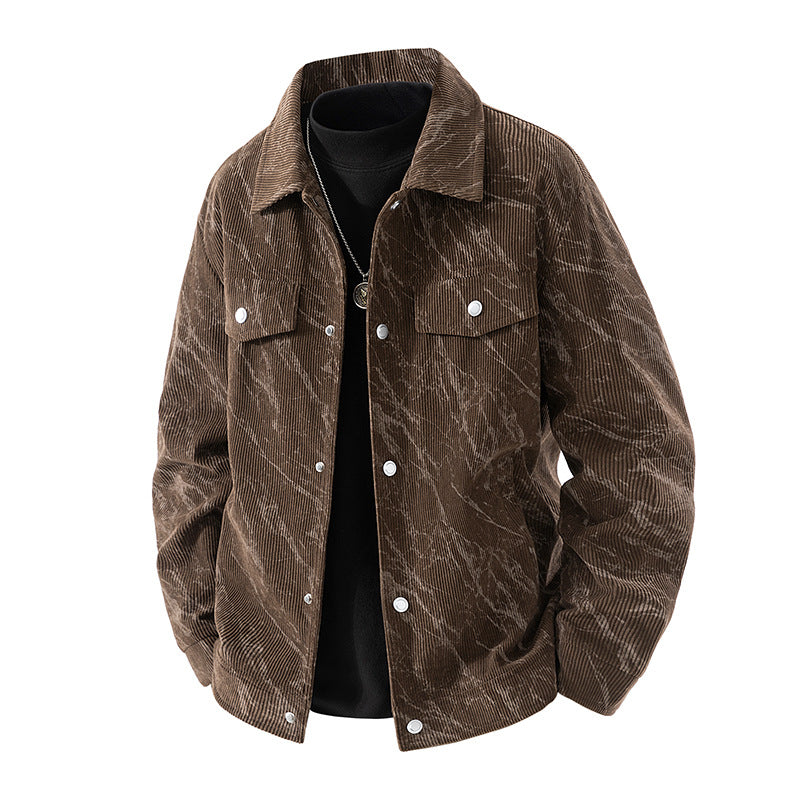 Men's  marbled corduroy snap-front collared trucker jacket with chest flap pockets Mune Fashion