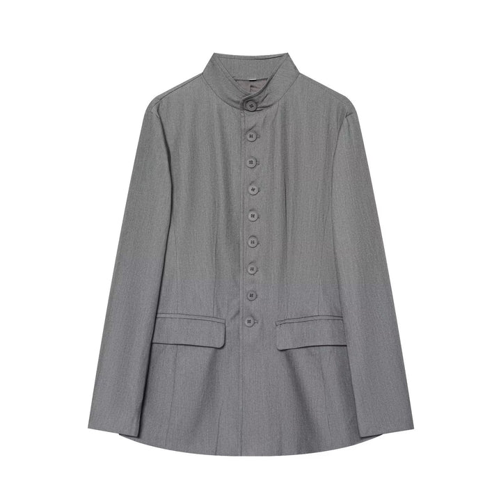 Women's Long Cut Blazer with Stand-up Collar and Full Length Button Placket Mune Fashion