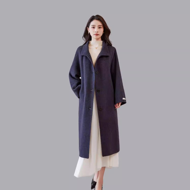 Women's Oversized Wool Coat with Stand-up Collar and Waist Belt Mune Fashion