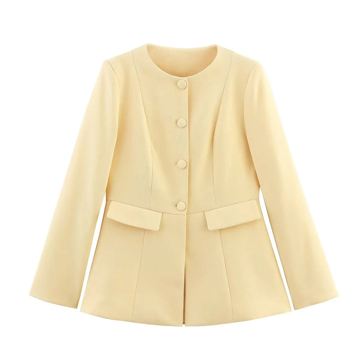 Ladies tailored blazer with round neckline, concealed button placket, patch pockets, and tailored pleat Mune Fashion