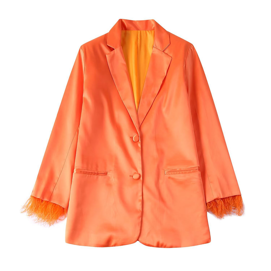 Women's Satin One-Button Blazer with Feather Trim on Sleeves Mune Fashion