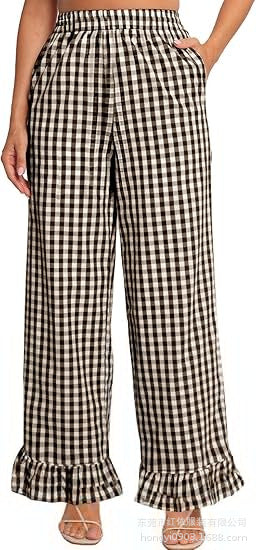 Women's palazzo pants with elastic waistband, side pockets, and ruffled hem Mune Fashion