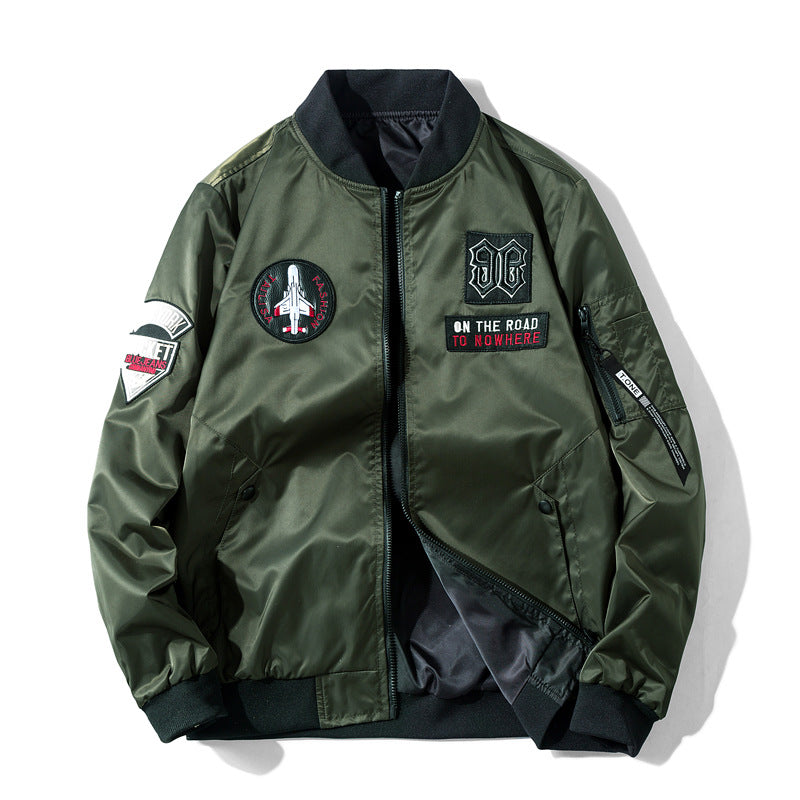 Men's  pilot-style embroidered patch utility bomber jacket with angled welt pockets and zip sleeve pocket Mune Fashion