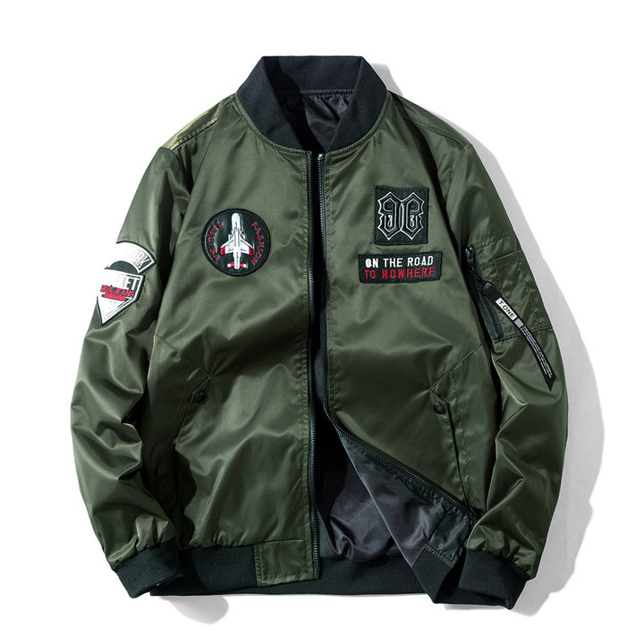 Men's  pilot-style embroidered patch utility bomber jacket with angled welt pockets and zip sleeve pocket Mune Fashion