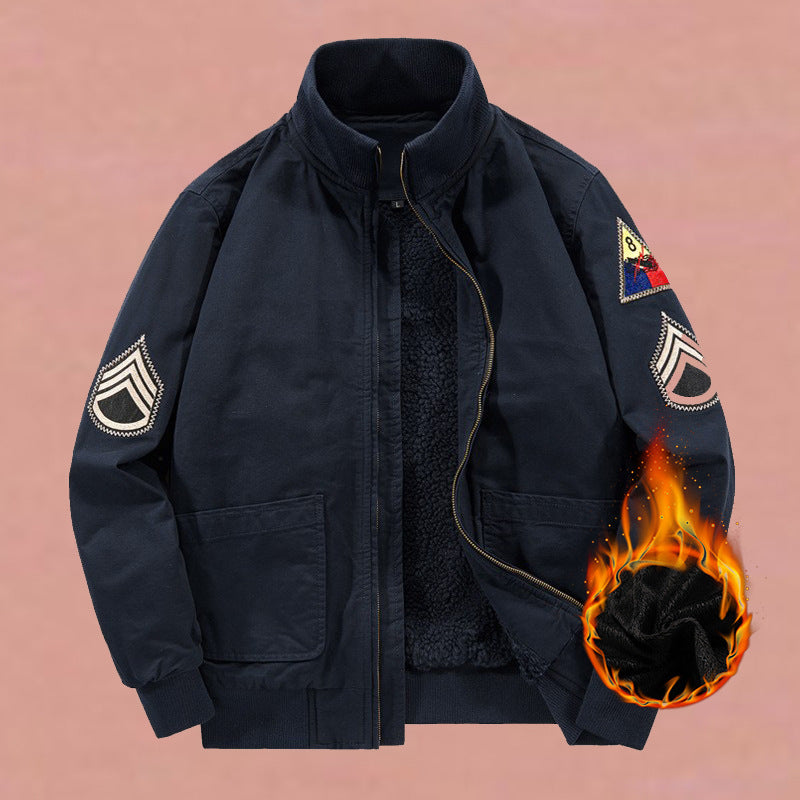 Men's military-inspired bomber jacket with applied patches, concealed zipper, and elastic cuffs.